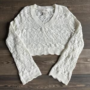 Jessica Simpson White Crochet Crop Sweater -NWOT- V-Neck Bell Slv - Boho - Sz S